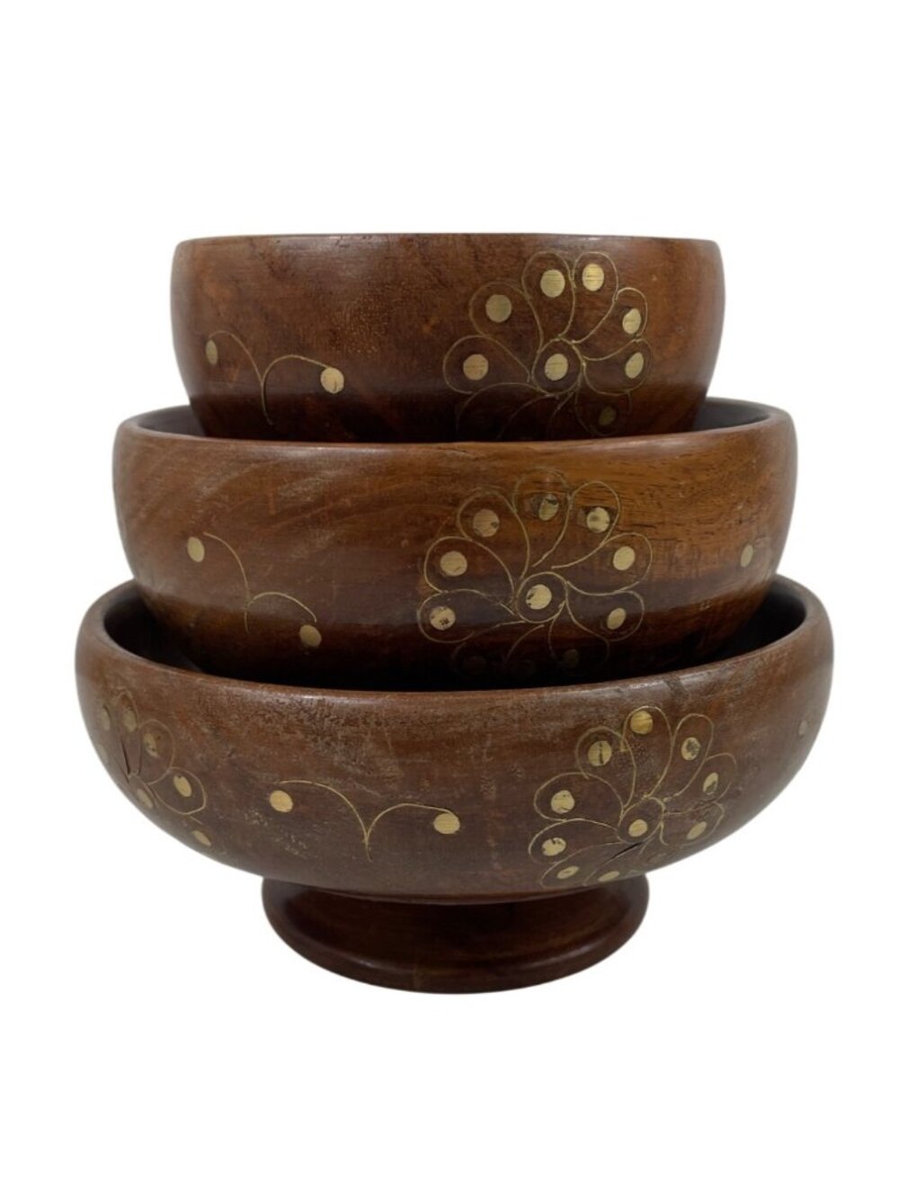 Vintage Wooden Nested Bowls Set With Floral Etching